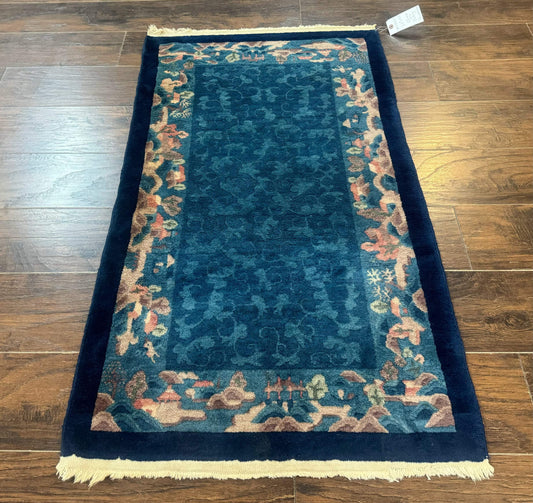 Blue Chinese Wool Rug Hand Knotted Peking Area Rug Semi Antique 2.5 x 4