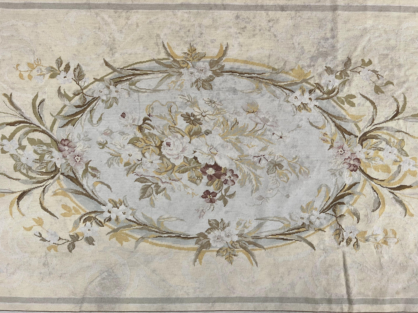 Needlepoint Rug 6x9, Elegant European Design Aubusson Carpet, Vintage Wool Handmade Rug, Light Yellow Ivory