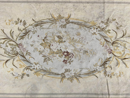 Needlepoint Rug 6x9, Elegant European Design Aubusson Carpet, Vintage Wool Handmade Rug, Light Yellow Ivory