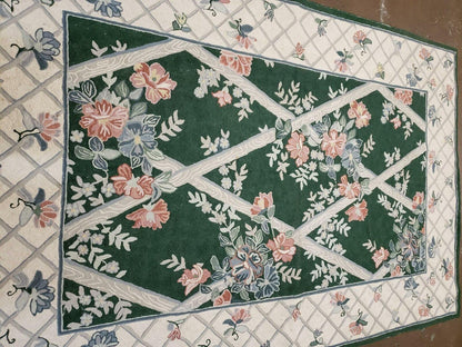 Hand Stitched Indian Wool Rug 3 Ft 6 In By 5 Ft 6 In Green Beige Backing Vintage 1980s