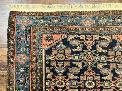 Antique Persian Tribal Rug Hand Knotted Wool 5x7 Navy Blue Pink Hamadan Pattern