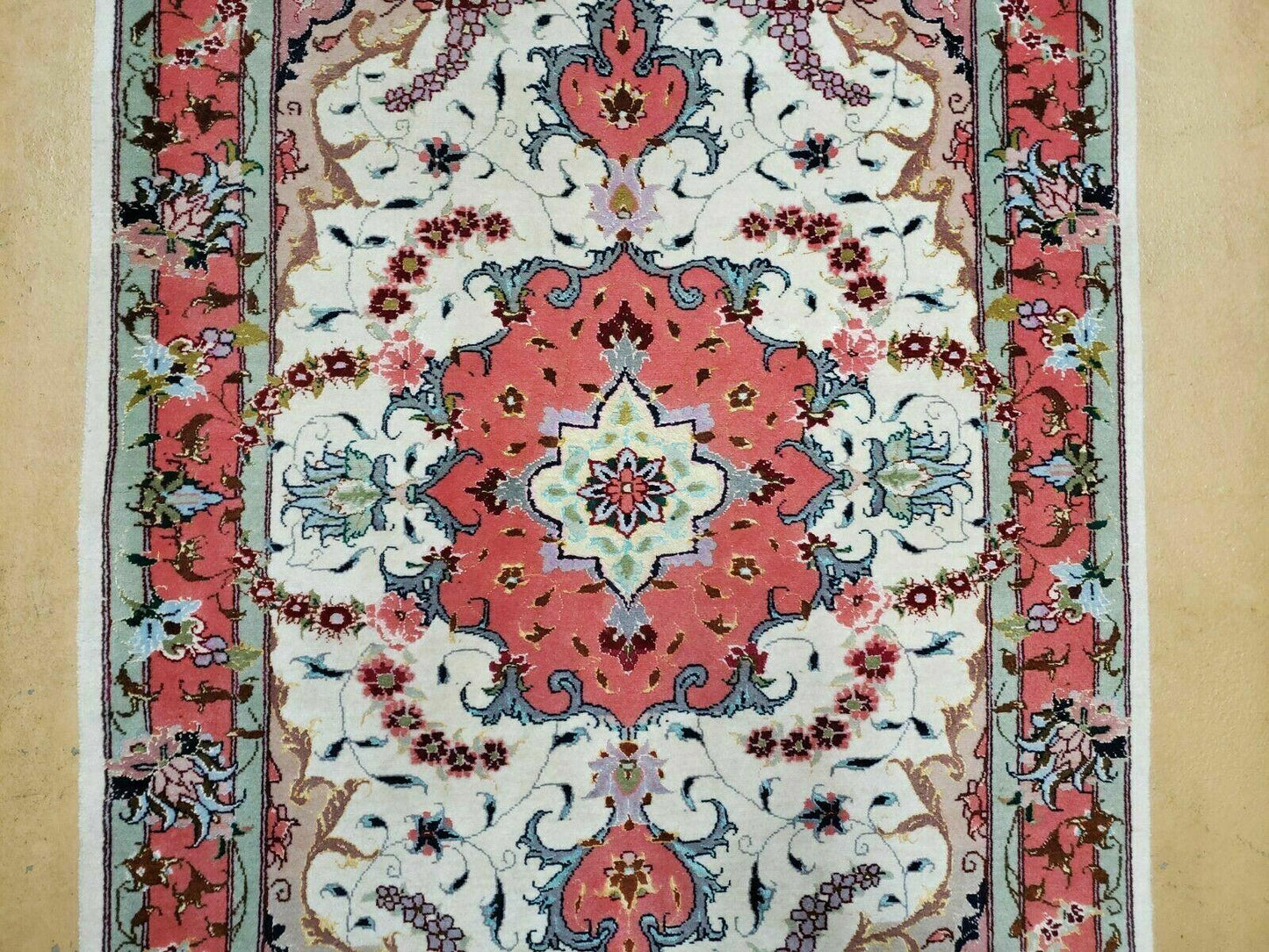 Small Vintage Persian Tabriz Wool and Silk Rug 2.5 x 4 ft, Very Finely Hand Knotted, Medallion, Ivory Salmon Light Blue, Top Quality, Pair B
