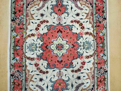 Small Vintage Persian Tabriz Wool and Silk Rug 2.5 x 4 ft, Very Finely Hand Knotted, Medallion, Ivory Salmon Light Blue, Top Quality, Pair B