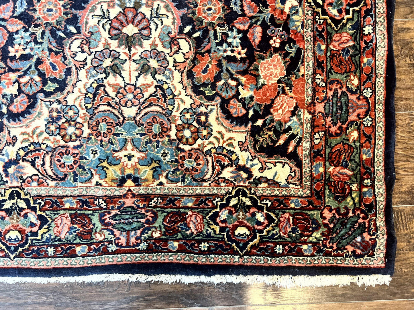 Persian Saoruk Rug 4x5 Navy Blue Red Floral Antique Wool Carpet Handmade