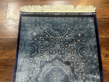 Blue Hereke Turkish Silk Rug Mamluk Bamboo Silk 2.6 By 4 Feet