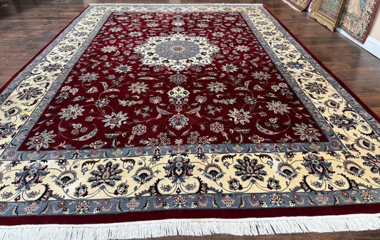 Pak Persian Rug 9x12, Maroon and Ivory, Wool Handmade Vintage