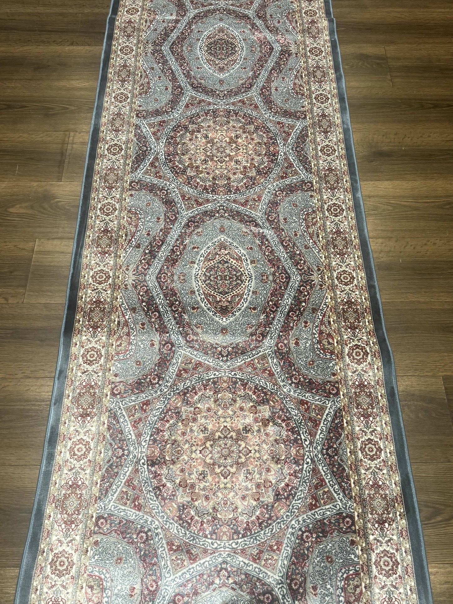 Turkish Silk Runner Rug 2.6 x 13, Blue Runner Rug, Dome Design, Bamboo Silk, New