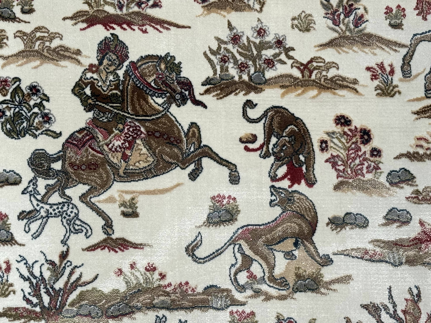 Turkish Silk Hunting Scene Rug 4x6 Ivory Bamboo Silk Contemporary Area Rug