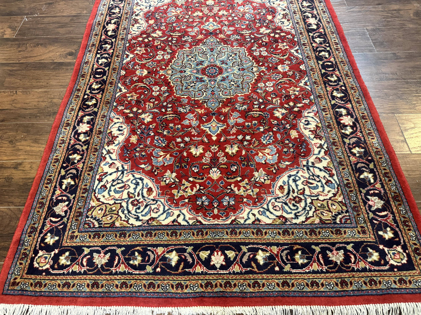 Persian Sarouk Rug 4x7, Red Navy Blue Vintage Wool Medallion Carpet