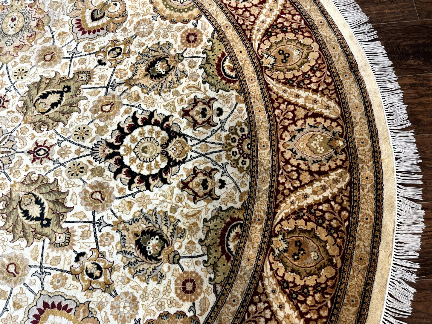 Round Pak Persian Rug 8x8, Vintage Handmade Wool Traditional Carpet, Beige Dark Red, Fine 270 KPSI