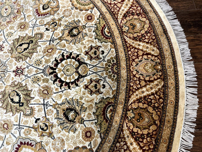 Round Pak Persian Rug 8x8, Vintage Handmade Wool Traditional Carpet, Beige Dark Red, Fine 270 KPSI