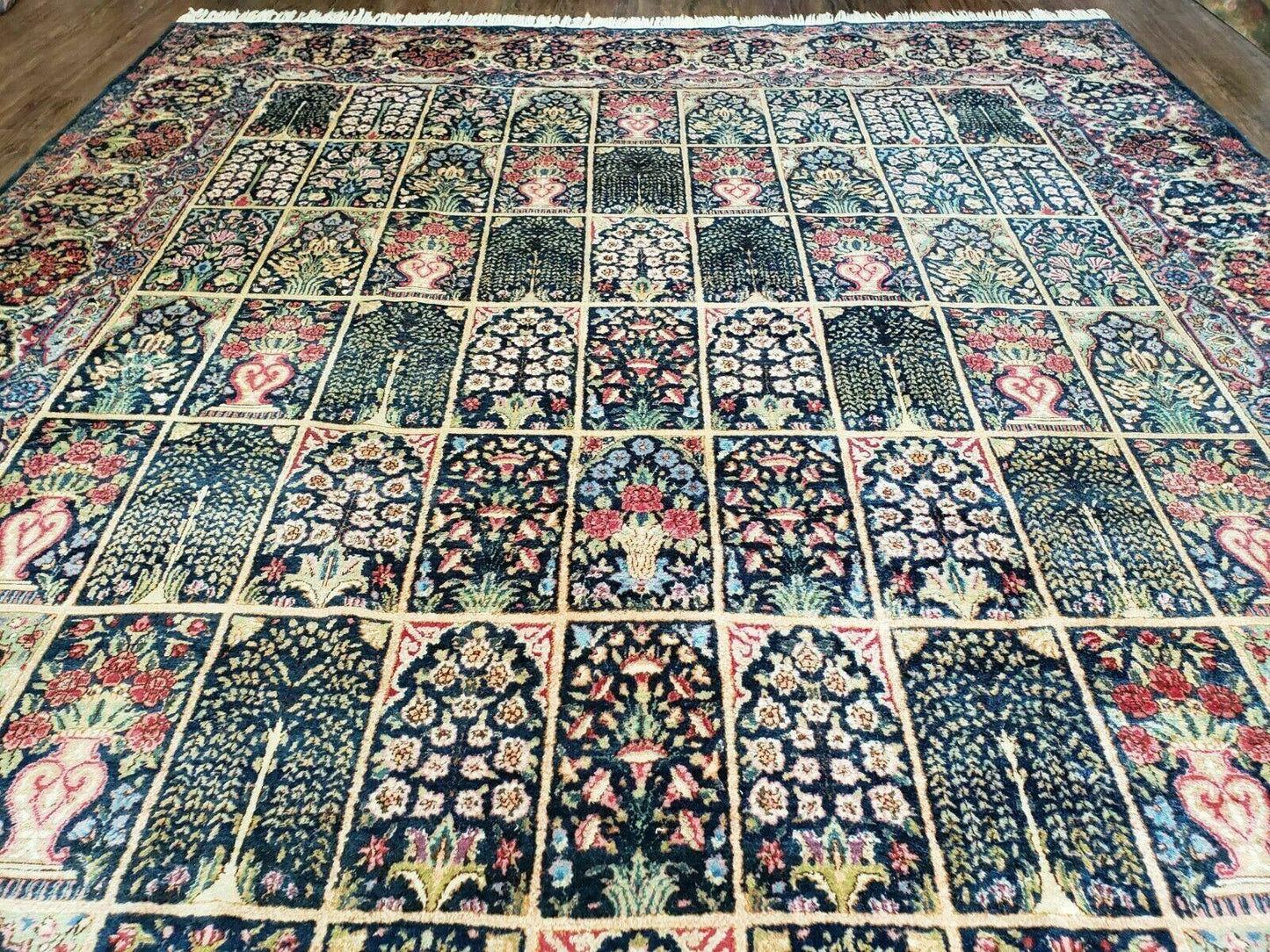 Persian Rug 10x15 Hand Knotted Wool Carpet Vintage Kirman Yazd Floral Dark Blue Beige