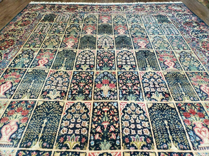 Persian Rug 10x15 Hand Knotted Wool Carpet Vintage Kirman Yazd Floral Dark Blue Beige