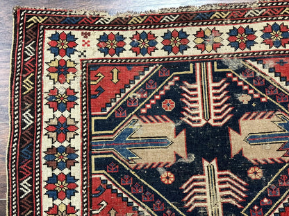 Antique Shirvan Caucasian Rug 3x5 Geometric Wool Hand Knotted Red Navy Beige