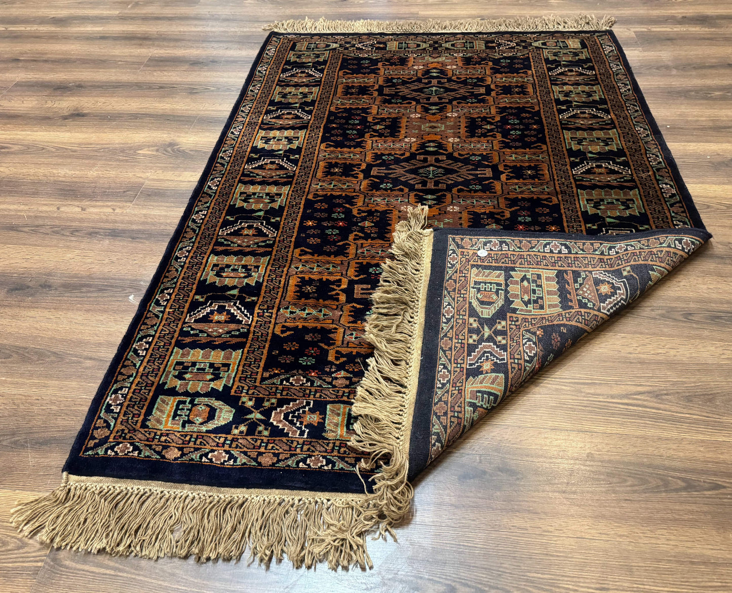 Vintage Afghan Rug 4x6, Navy Blue and Light Brown, Geometric Medallions, Wool on Wool, Tribal Rug