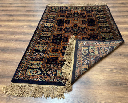 Vintage Afghan Rug 4x6, Navy Blue and Light Brown, Geometric Medallions, Wool on Wool, Tribal Rug