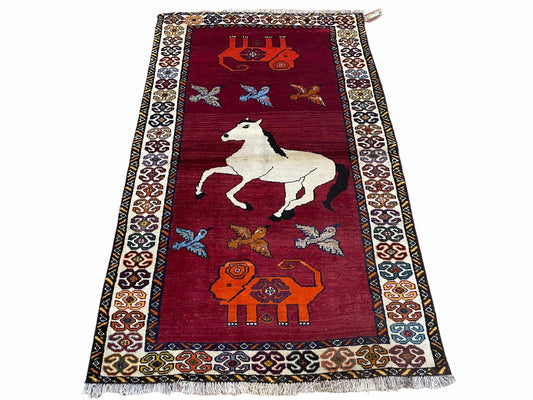 Handmade Zagros Wool Rug 4x6 Colorful Horse Birds Ram Sheep Design