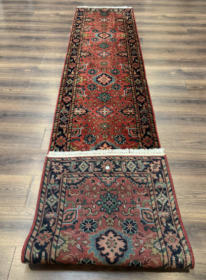 Indo Persian Heriz Runner Rug 2 x 12 ft, Hand Knotted Wool Hallway Rug, Red & Black