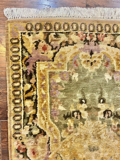 Tibetan Runner Rug 2.6 x 10, French Aubusson Pattern, Gold Olive Green, Vintage Handmade European Design, Wool Hallway Rug