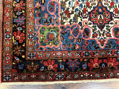 Persian Bakhtiari Rug 7x10, Antique Persian Carpet, Colorful, Great Colors, Ivory Red Blue, Rare Tribal Rug