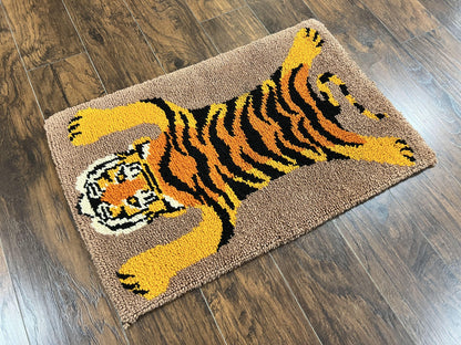 Small Hooked Rug 2x3, Tibetan Tiger Design, Wool, Unique Hooked Rug, Vintage