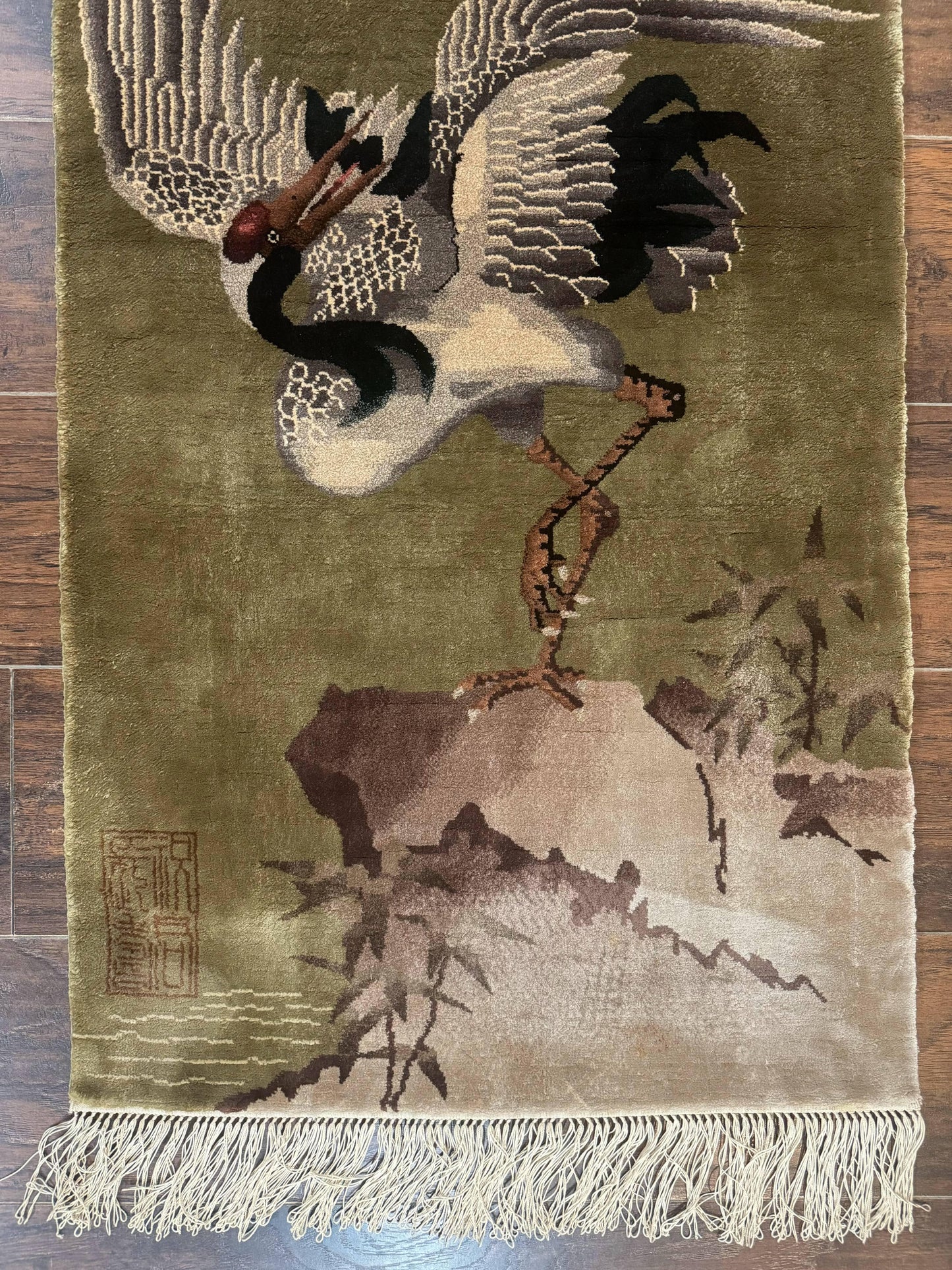 Silk Chinese Wall Hanging 2x4, Vintage Antique, Handmade, Bird on Mountain, Rug Tapestry