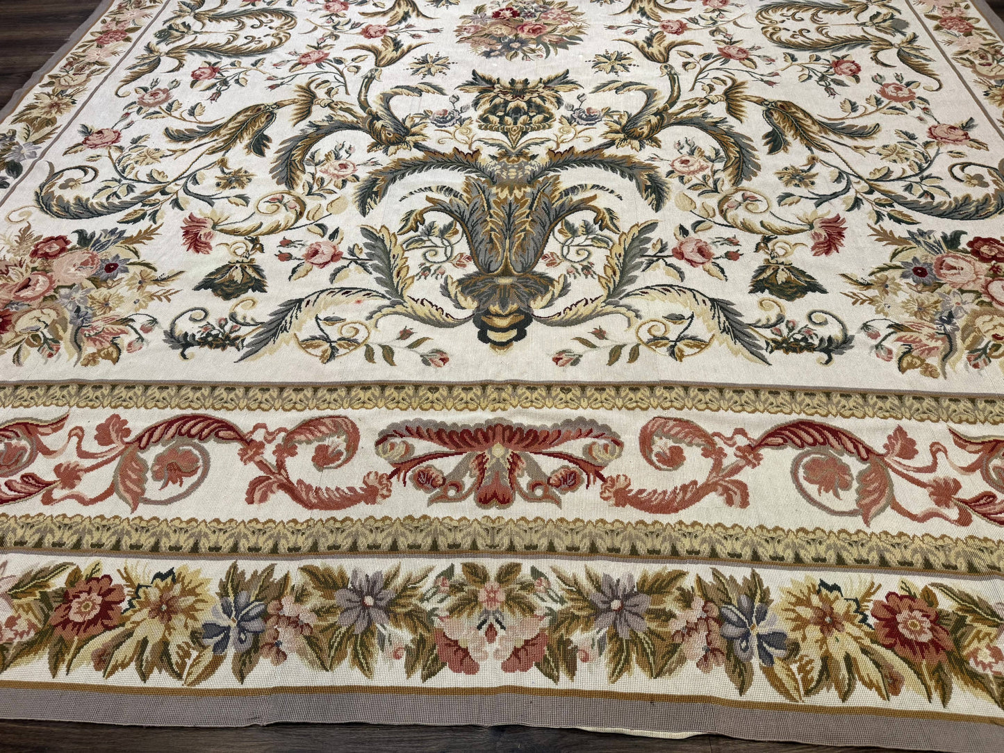 Aubusson Needlepoint Rug 10x14 Elegant European French Carpet Vintage Wool