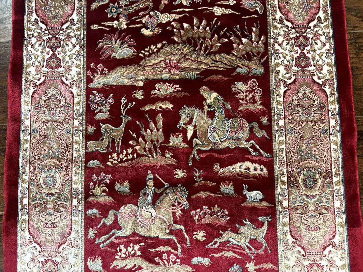 Dark Red Turkish Silk Rug 2.6 x 4, Hunting Design Scene, Bamboo Silk
