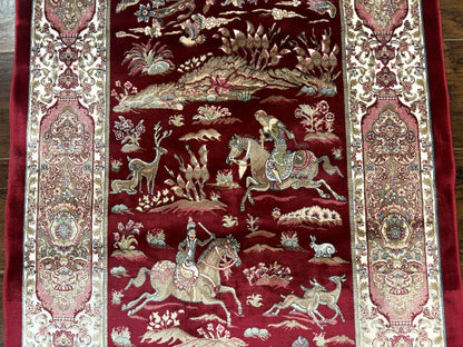 Dark Red Turkish Silk Rug 2.6 x 4, Hunting Design Scene, Bamboo Silk