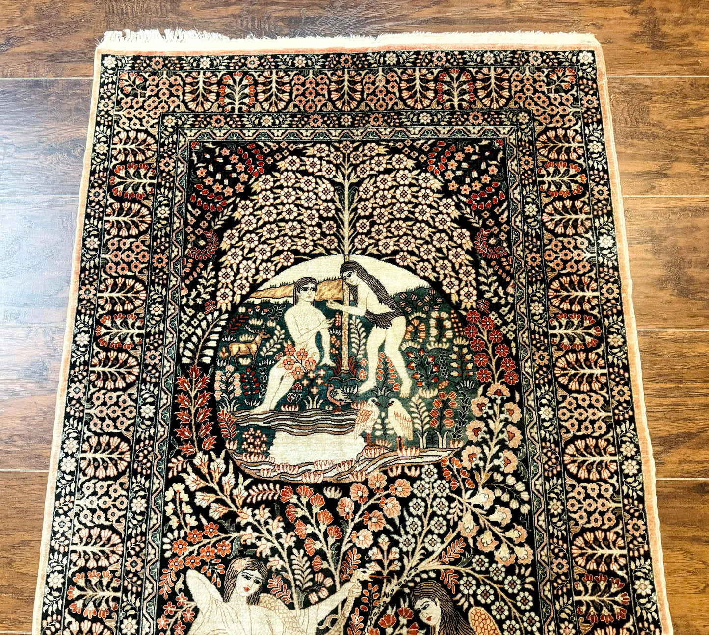 Stunning Sino Persian Pictorial Rug 2.7 x 4, Garden of Eden Adam & Eve Tree of Life Design, Extremely Fine 580 KPSI, Masterpiece