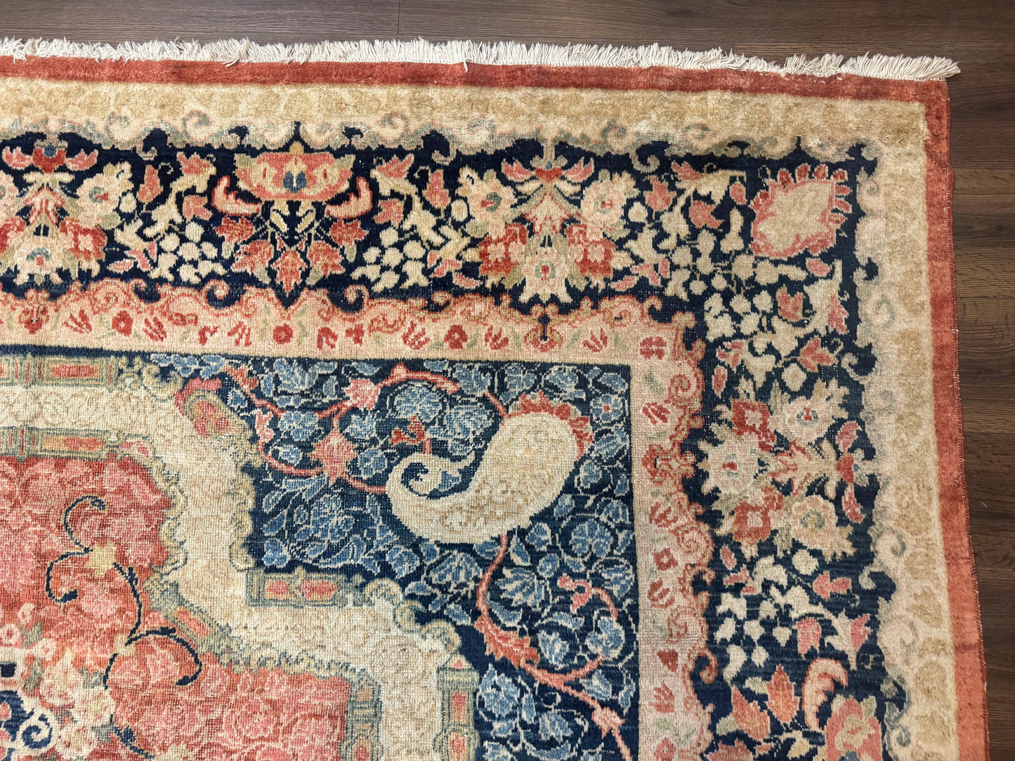 Antique Persian Sarouk Rug 9x12 With Boteh Paisley Medallion Navy Border