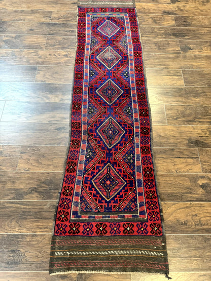 Turkoman Runner Rug 2x8.6 Handmade Wool Hallway Runner Vintage Red Blue
