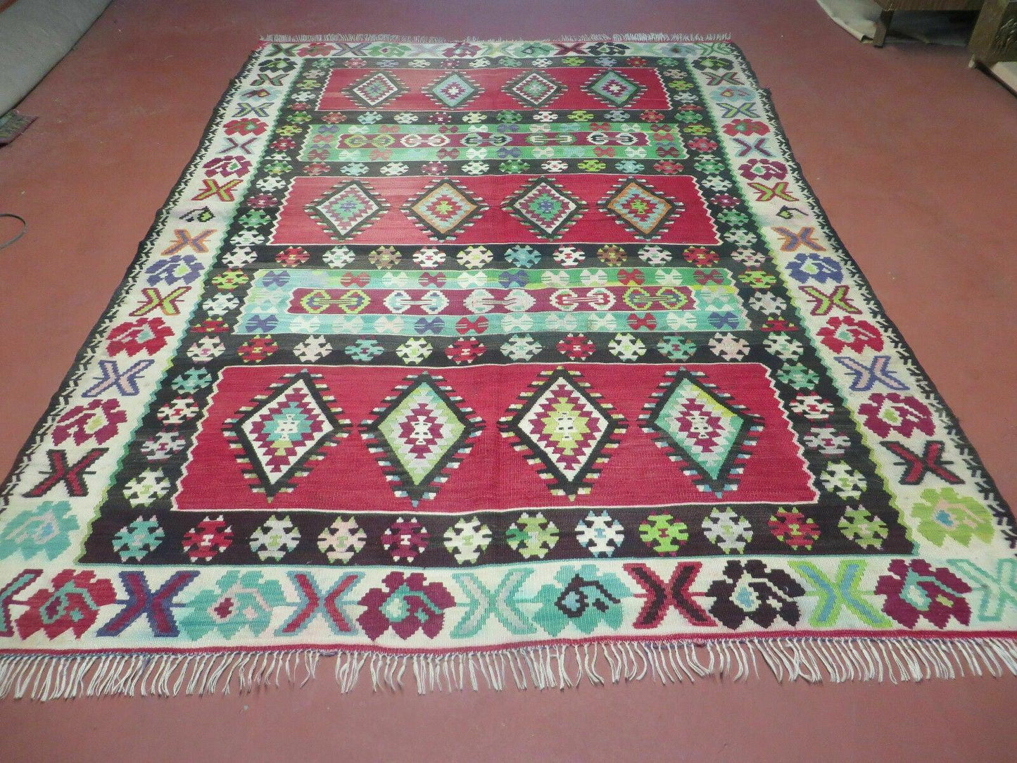 Turkish Kilim Rug 7x9 Handmade Flat Weave Wool Veg Dye Vintage Decor