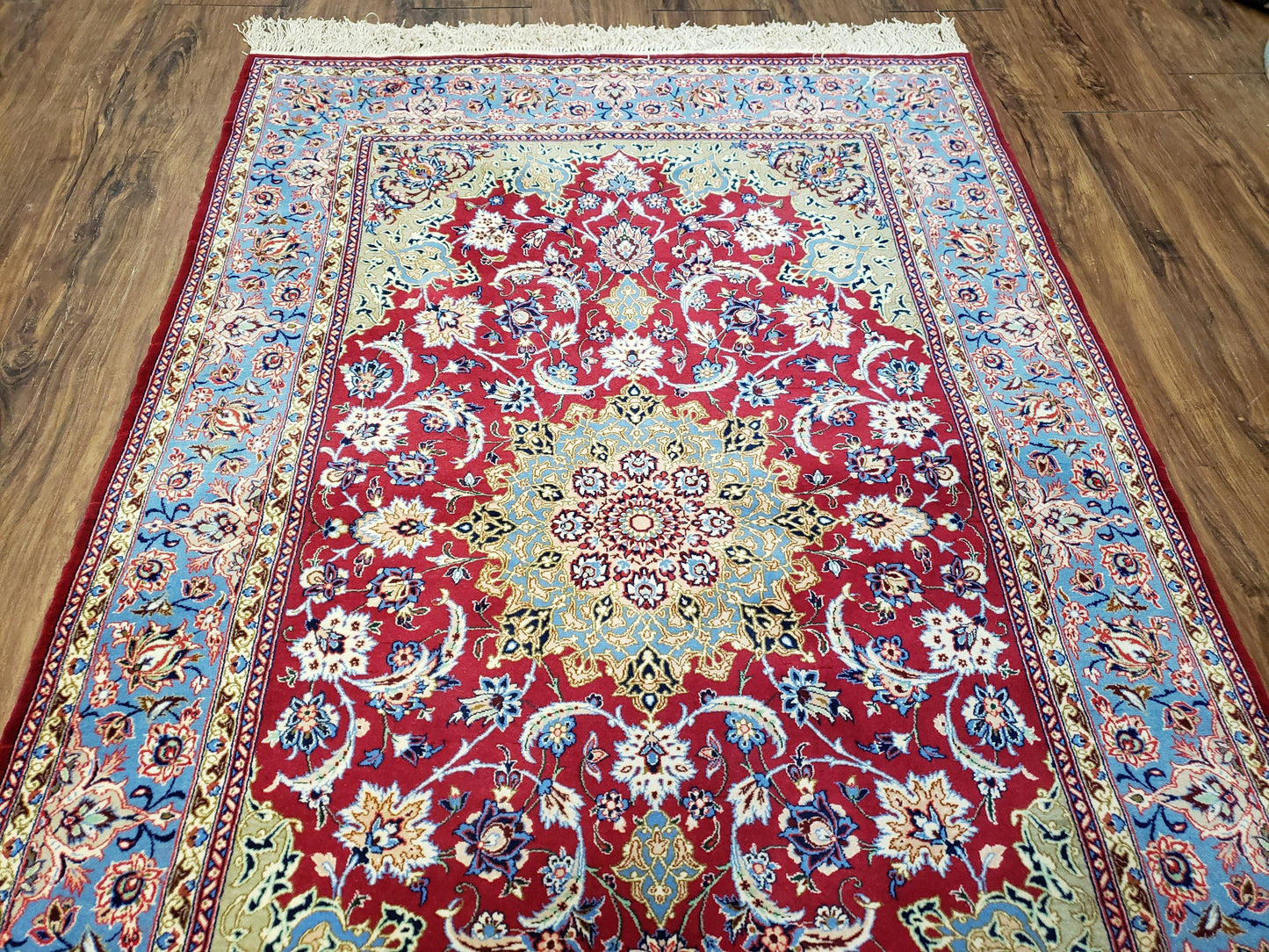 Semi Antique Persian Isfahan Rug, Kork Wool on Silk Foundation, Red & Blue, Top Quality, 3'6" x 5' 6"