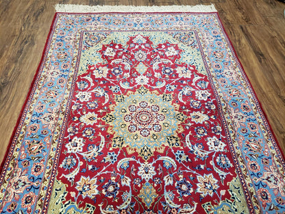 Semi Antique Persian Isfahan Rug, Kork Wool on Silk Foundation, Red & Blue, Top Quality, 3'6" x 5' 6"