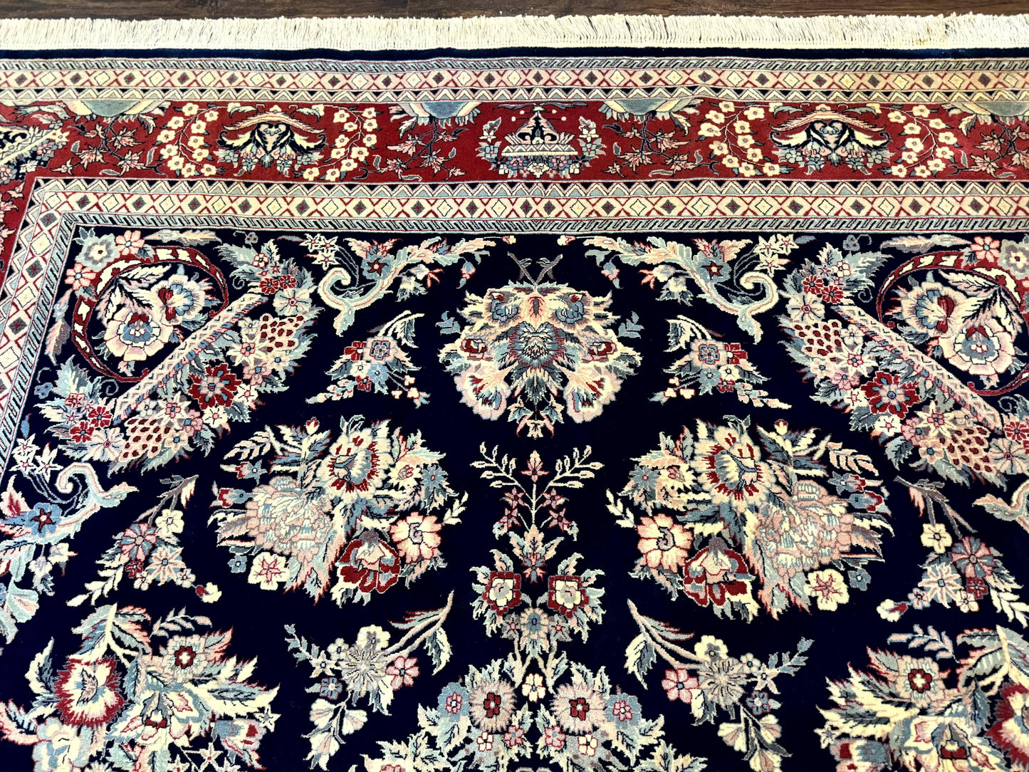 Sino Persian Rug 8x10, Floral Kirman Carpet, Navy Blue and Red, Floral Vases, Handmade Vintage Wool Carpet, 320 KPSI