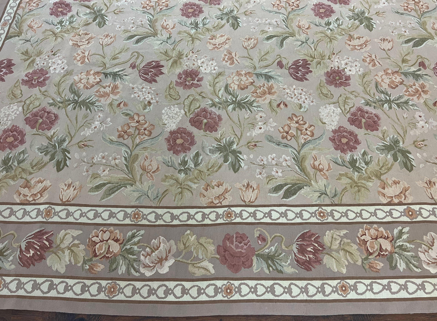 Aubusson Rug 9x12 Wool Handmade Floral Roses Pink Beige Mauve European French Design