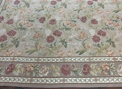 Aubusson Rug 9x12 Wool Handmade Floral Roses Pink Beige Mauve European French Design