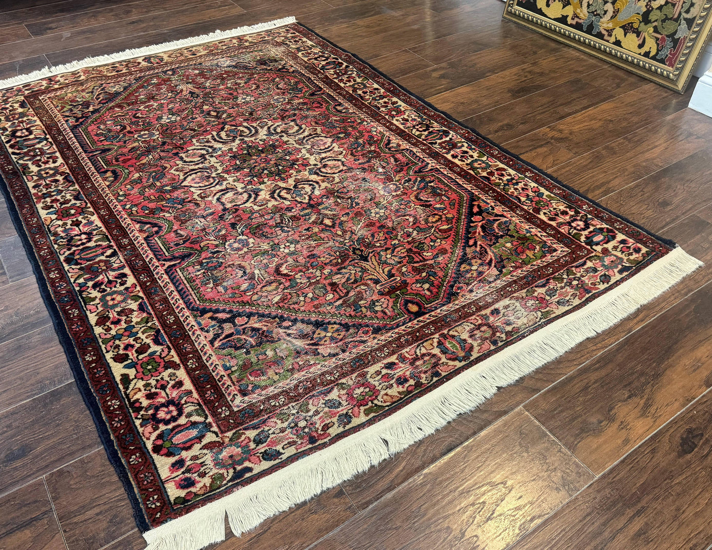 Antique Persian Malayer Rug 4 Ft 7 In By 6 Ft 6 In Hand Knotted Wool Carpet 1920s Tribal Red With Navy Accents