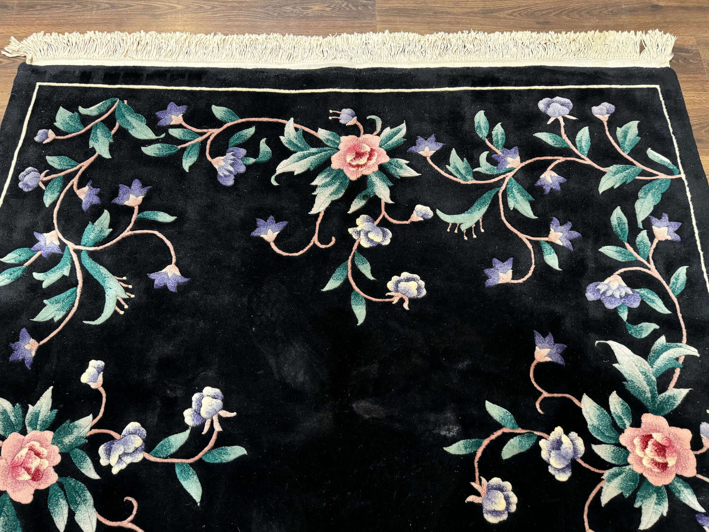 Chinese Wool Rug 6x9 Vintage Black Floral Minimal Design Art Deco Handmade Hand Knotted