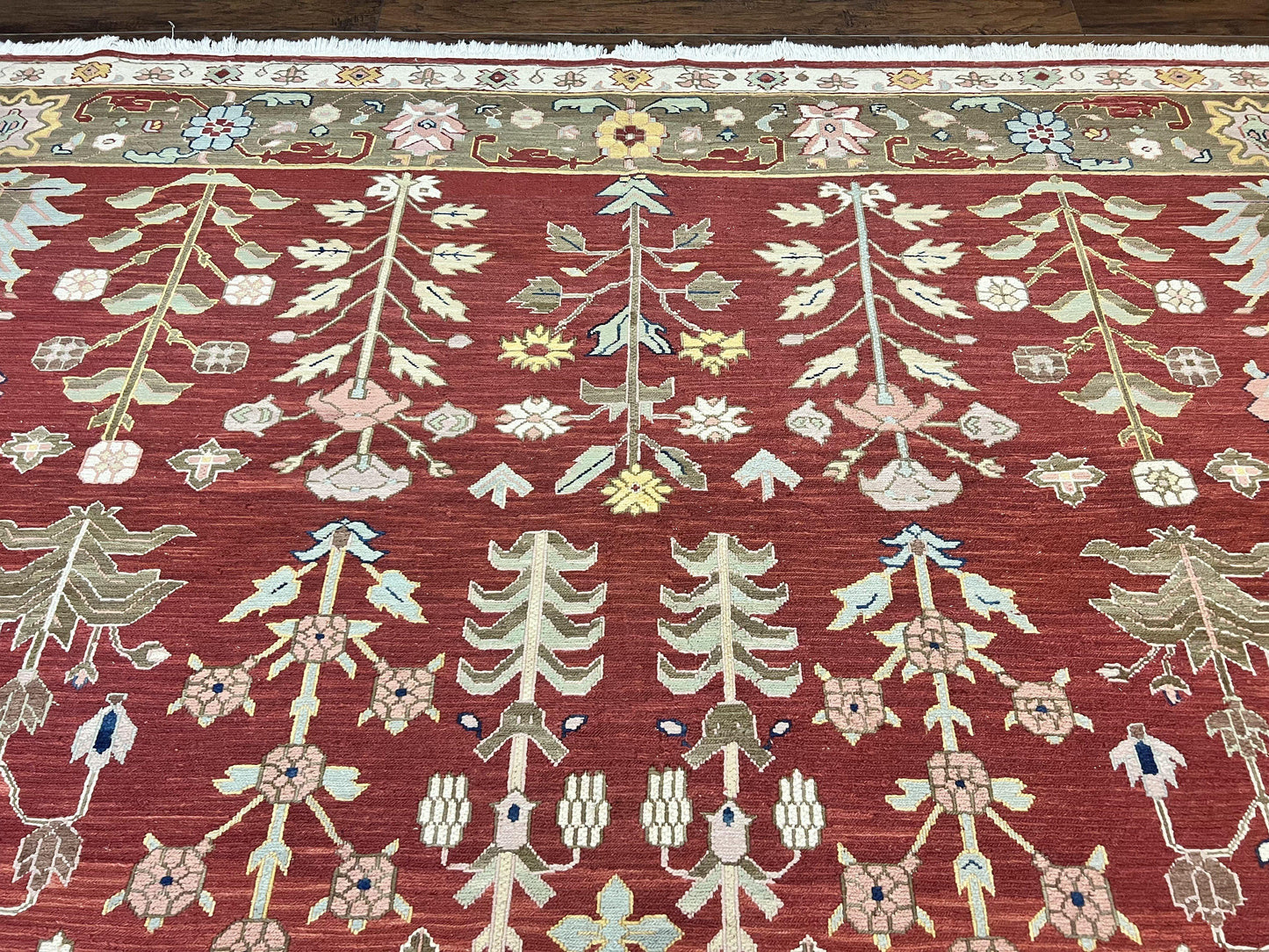 Indian Rug 10x14, Wool Hand Knotted Flatweave Carpet, Tree of Life, Red and Green