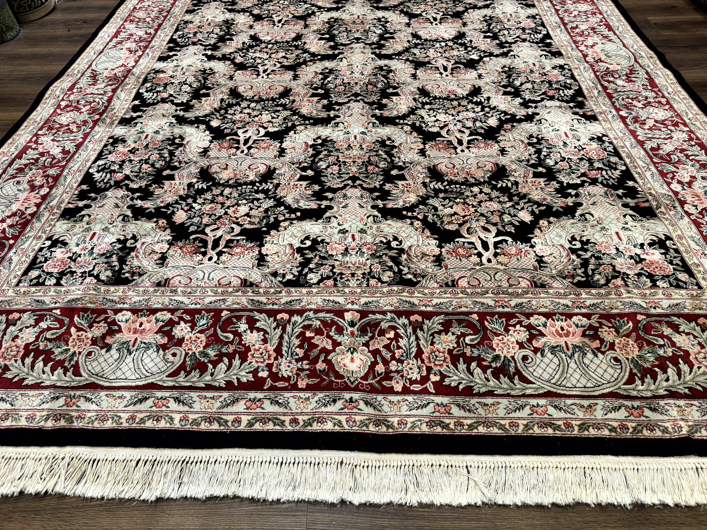 Sino Persian Rug 9x12 Black Floral Bouquets Vintage Hand Knotted Wool Silk
