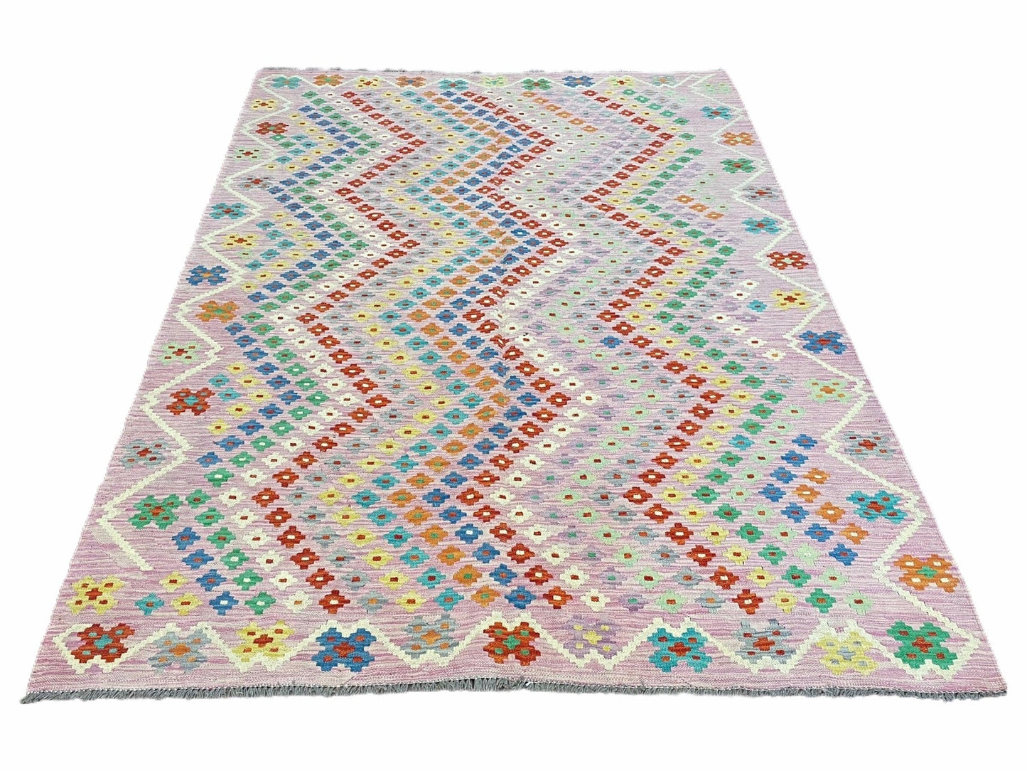 Kilim Rug 6x8 Pink Turkish Handwoven Flat Weave Chobi Multicolor