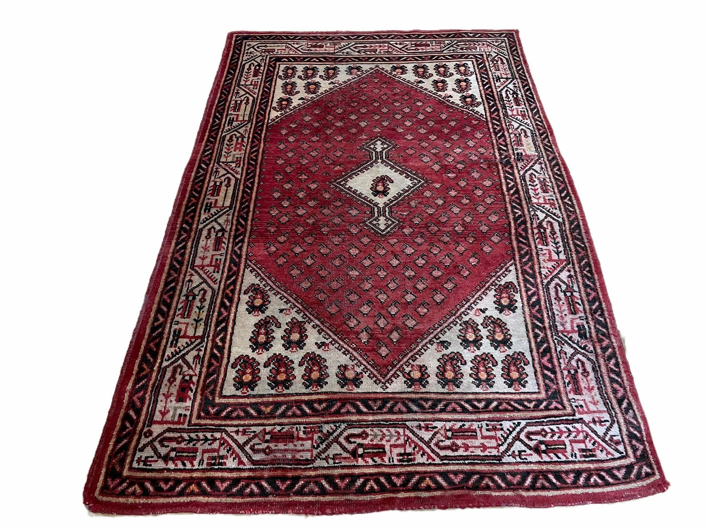 Antique Handmade Wool Rug Paisley Boteh Design Tribal Area Rug Red Ivory