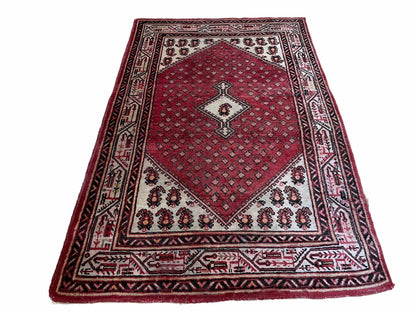 Antique Handmade Wool Rug Paisley Boteh Design Tribal Area Rug Red Ivory