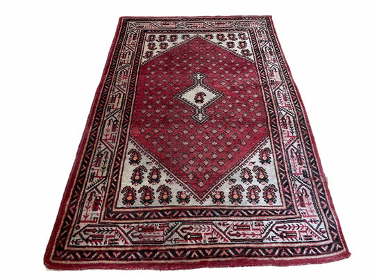 Antique Handmade Wool Rug Paisley Boteh Design Tribal Area Rug Red Ivory
