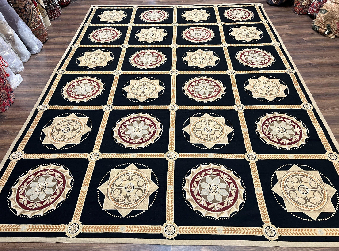 Large Needlepoint Rug 10x13, Panel Design, Black and Beige, Wool Needlepoint Carpet 10 x 13, English Garden, Handwoven Area Rug, Living Room
