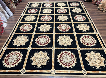 Large Needlepoint Rug 10x13, Panel Design, Black and Beige, Wool Needlepoint Carpet 10 x 13, English Garden, Handwoven Area Rug, Living Room