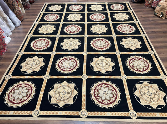 Large Needlepoint Rug 10x13, Panel Design, Black and Beige, Wool Needlepoint Carpet 10 x 13, English Garden, Handwoven Area Rug, Living Room