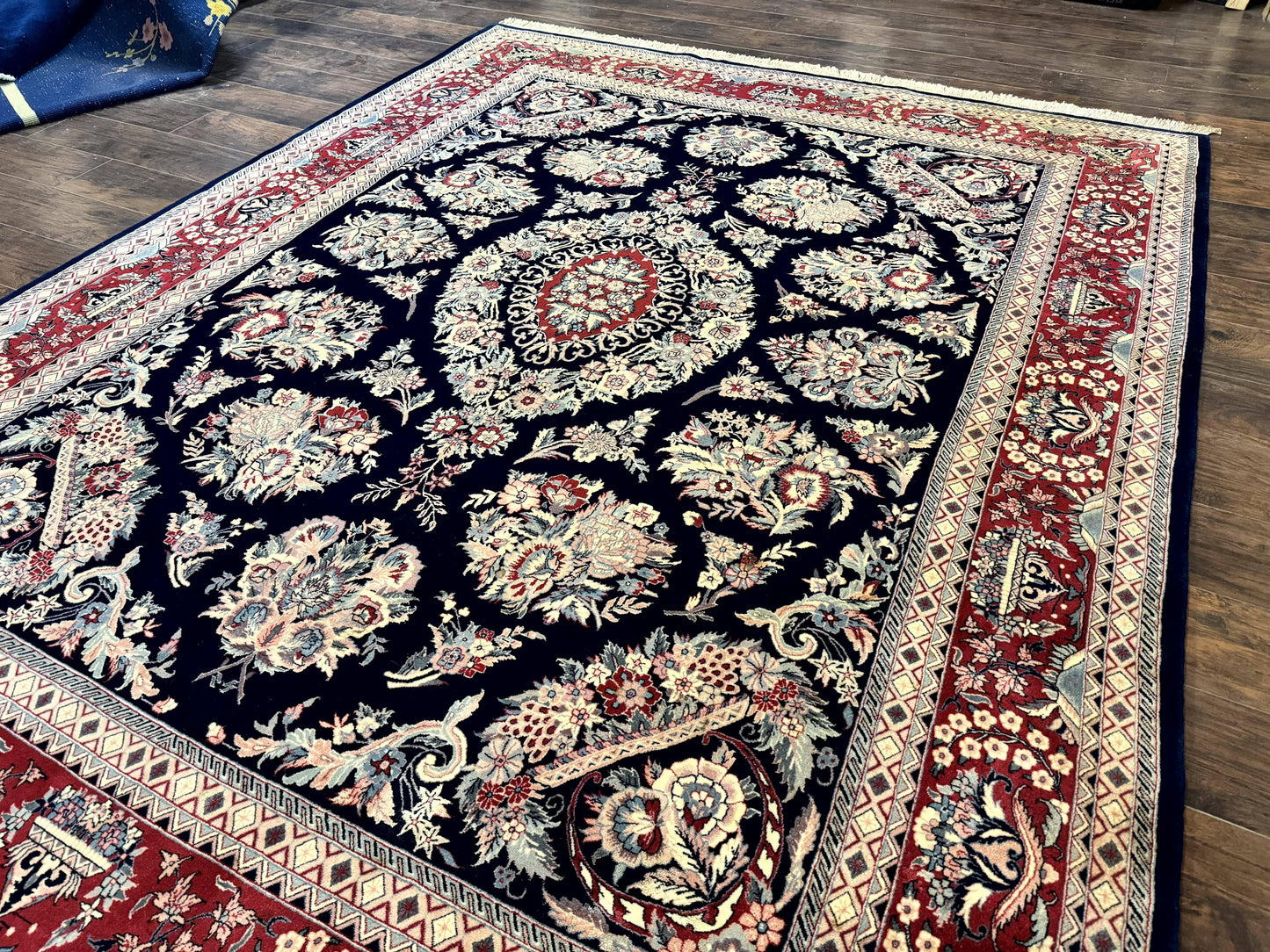 Sino Persian Rug 8x10, Floral Kirman Carpet, Navy Blue and Red, Floral Vases, Handmade Vintage Wool Carpet, 320 KPSI